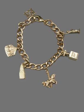 Vtg Escada Joyful Gold-Plated Charm Bracelet, Carousel, Statue of Liberty, Horse